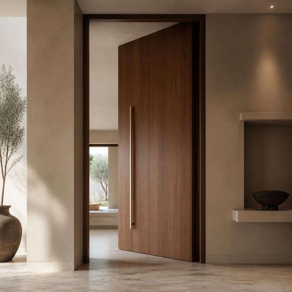 Bespoke interior wood veneer door with brushed brass hardware in hotel corridor