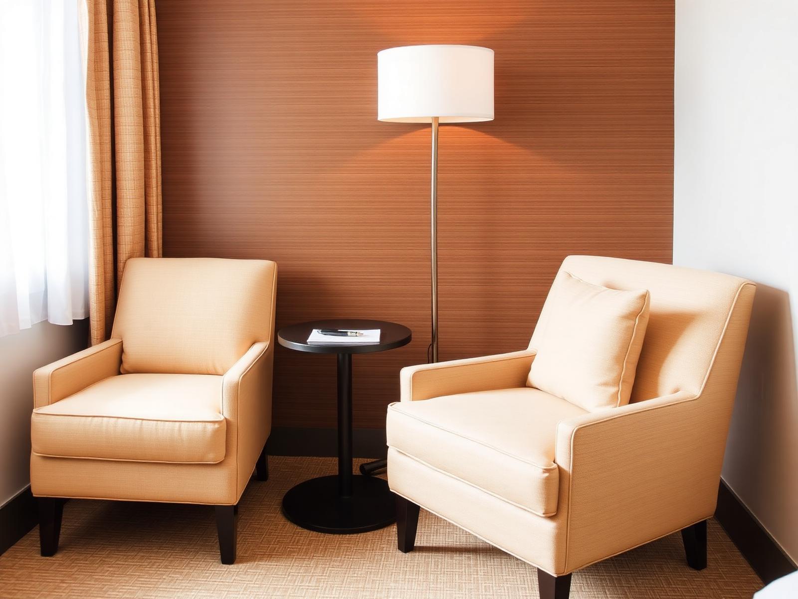 Contemporary hotel guest-room seating with lounge chairs and side table