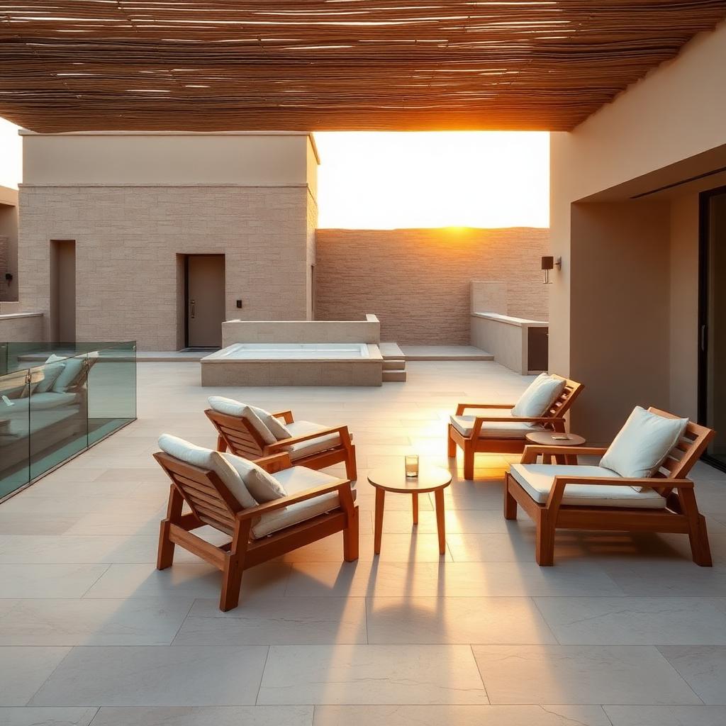 Teak lounge chairs on a travertine villa terrace at golden hour in Riyadh