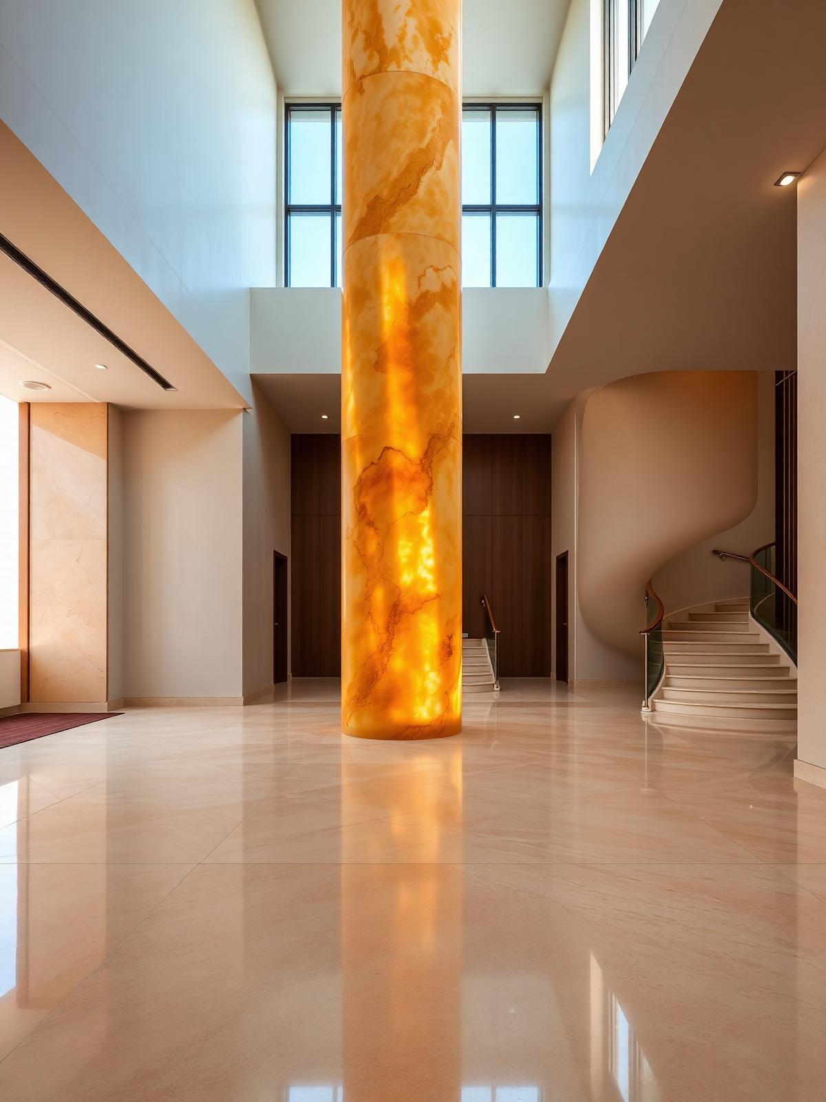 Grand double-height villa foyer with polished travertine floor and backlit onyx column